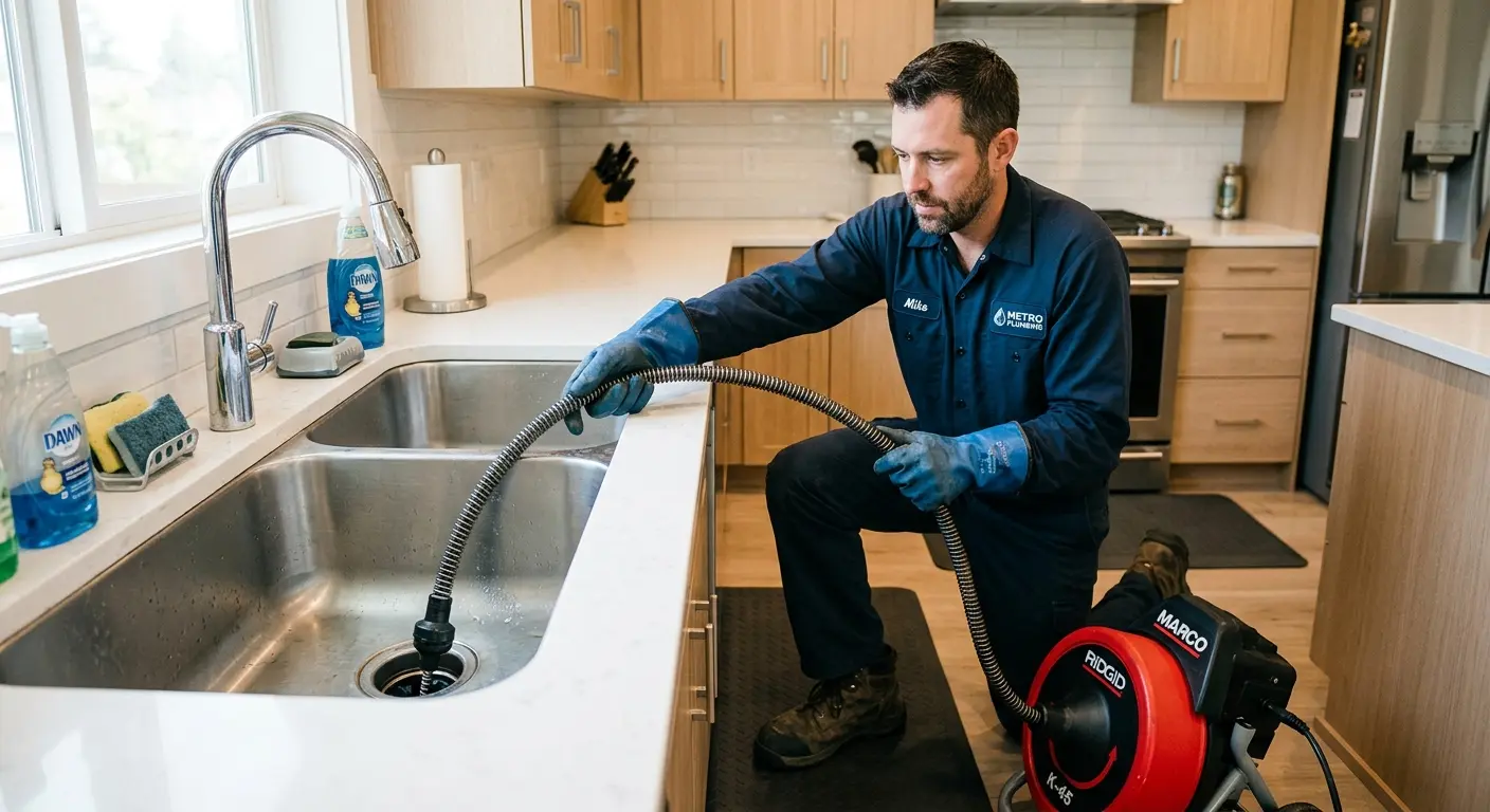 Drain cleaning technician using a motorized snake on a kitchen sink in Ferndale