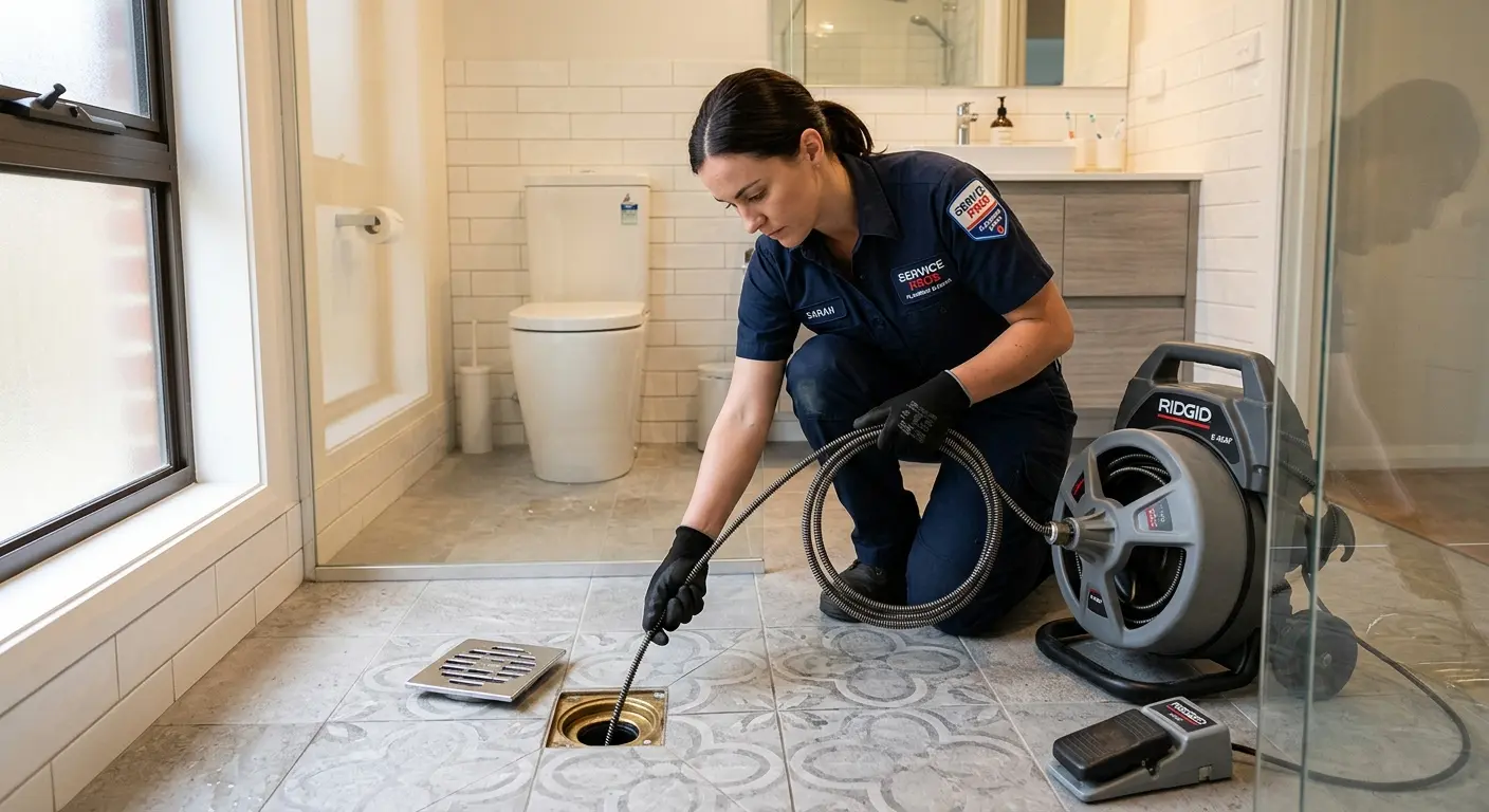 Technician clearing a bathroom floor drain for Drain Cleaning in Ferndale